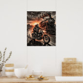 Biker Races Stoomtrein Woestijn Zonsondergang Hout Poster (Keuken)