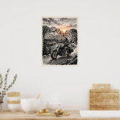 Biker Rides Past Mount Rushmore Presidents Sunset  Poster (Keuken)