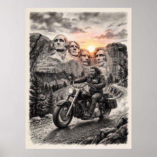 Biker Rides Past Mount Rushmore Presidents Sunset  Poster (Voorkant)