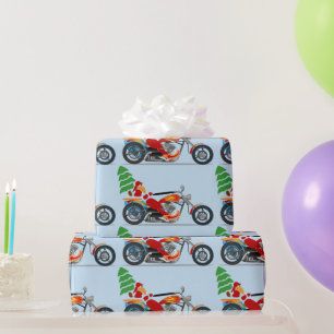 Biker Santa op een helikopter met kerstboom Cadeaupapier