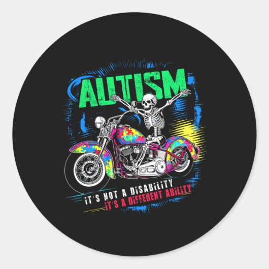 Biker Skeleton Riding Motorcycle Puzzel Autisme we Ronde Sticker (Voorkant)