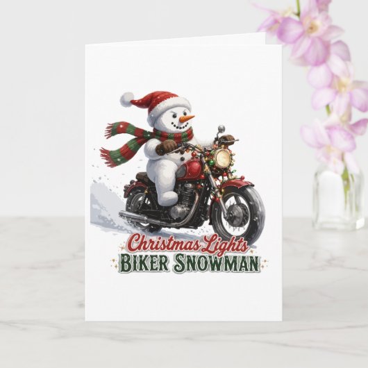 Biker Sneeuwman Kerstverlichting Kaart (Orchidee)
