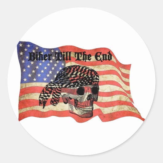 Biker tot het einde schedel USA Flag art Ronde Sticker (Voorkant)