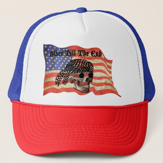 Biker tot het einde schedel USA Flag art Trucker Pet (Voorkant)