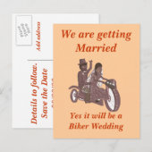 Biker Wedding, Groom-rijdende pillion, Briefpapier Aankondigingskaart (Voorkant / Achterkant)