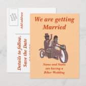 Biker Wedding, Groom-rijdende pillion, Briefpapier Aankondigingskaart (Voorkant / Achterkant)