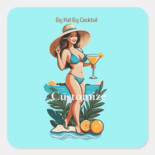 Bikini Babe Groot Pet- Grote Cocktail Thunder_Cove Vierkante Sticker (Voorkant)