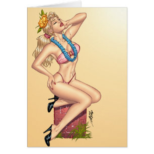 Bikini Blond Pin-up Girl met Flowers van Al Rio