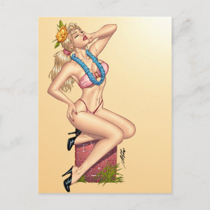 Bikini Blond Pin-up Girl met Flowers van Al Rio Briefkaart