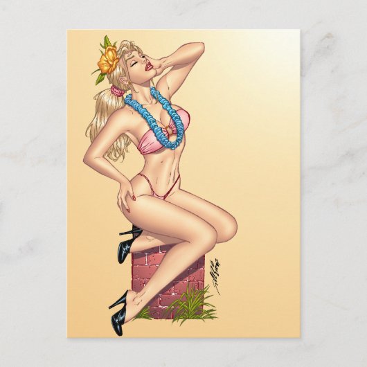 Bikini Blond Pin-up Girl met Flowers van Al Rio Briefkaart (Voorkant)