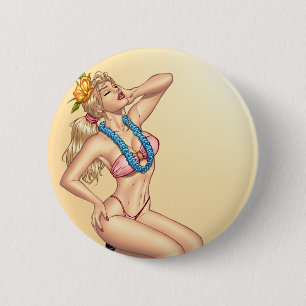 Bikini Blond Pin-up Girl met Flowers van Al Rio Ronde Button 5,7 Cm