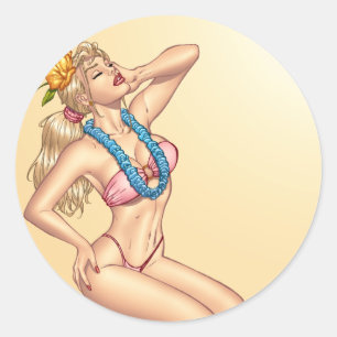 Bikini Blond Pin-up Girl met Flowers van Al Rio Ronde Sticker
