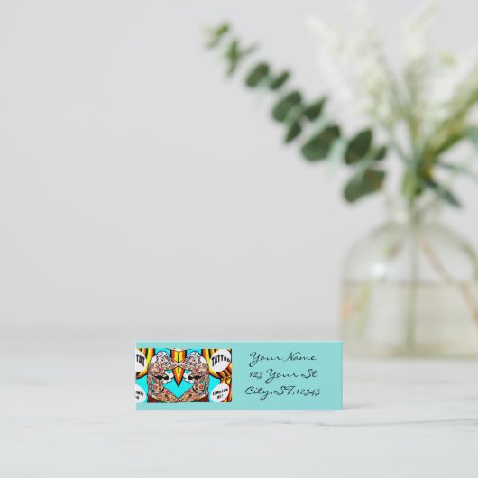 Bikini blonde dames getatoeëerd mini visitekaartje (Staand voorkant)