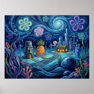 Bikini Bottom Sterrennacht Onderwater Landschap Poster