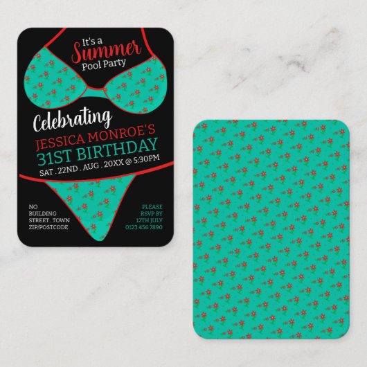 Bikini Design, Pool Party Verjaardag Handout Ticke Visitekaartje (Voorkant / Achterkant)