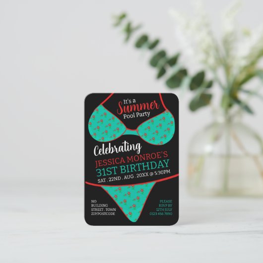 Bikini Design, Pool Party Verjaardag Handout Ticke Visitekaartje (Staand voorkant)