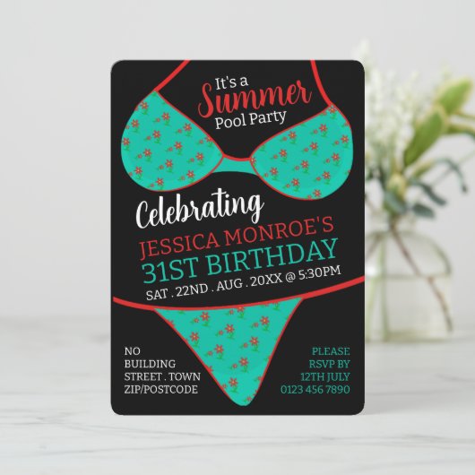 Bikini Design, Summer Pool Party Verjaardag Kaart (Staand voorkant)
