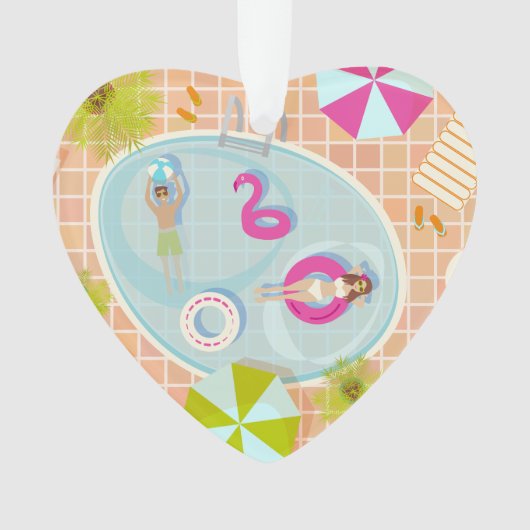 Bikini girl and guy playing swimming pool game ornament (voorkant)