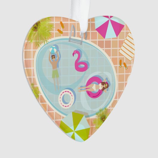 Bikini girl and guy playing swimming pool game ornament (voorkant)