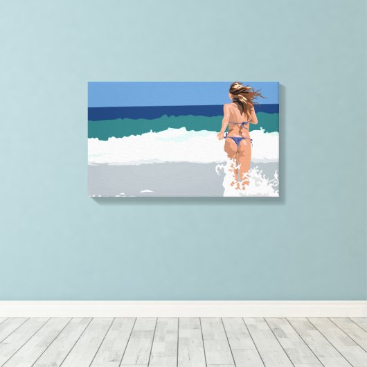 Bikini girl on the beach canvas afdruk (Insitu (Houten vloer))