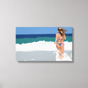 Bikini girl on the beach canvas afdruk