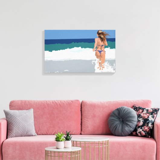Bikini girl on the beach canvas afdruk (Insitu (Woonkamer))