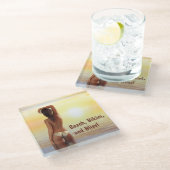 Bikini Meisje Poseren in het Zee bij zonsondergang Glazen Onderzetter (Schuin)