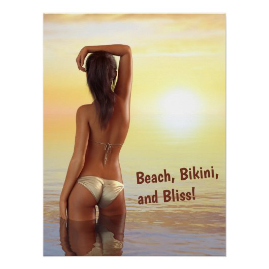 Bikini Meisje Poseren in het Zee bij zonsondergang Perfect Poster (Voorkant)