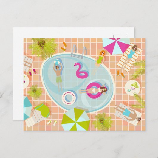 Bikini meisjes en jongens spelen zwembad spel briefkaart (Voorkant / Achterkant)