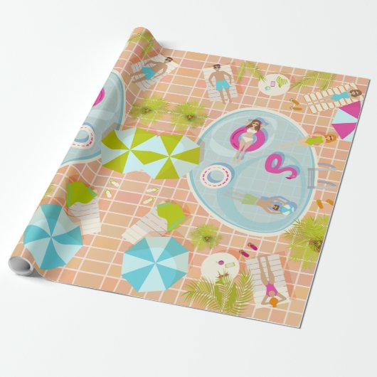 Bikini meisjes en jongens spelen zwembad spel cadeaupapier (Uitgerold)