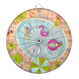 Bikini meisjes en jongens spelen zwembad spel dartbord