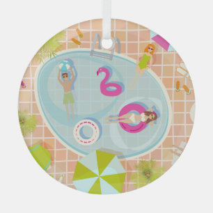 Bikini meisjes en jongens spelen zwembad spel glas ornament