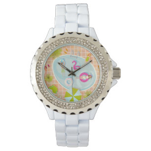 Bikini meisjes en jongens spelen zwembad spel horloge