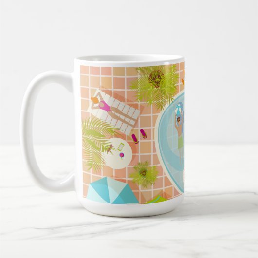 Bikini meisjes en jongens spelen zwembad spel koffiemok (Links)