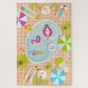 Bikini meisjes en jongens spelen zwembad spel legpuzzel