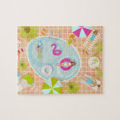 Bikini meisjes en jongens spelen zwembad spel legpuzzel (Horizontaal)