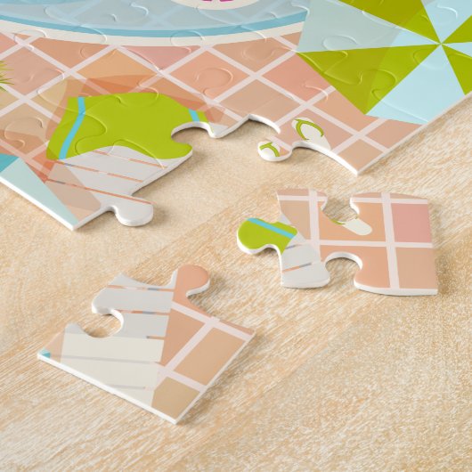 Bikini meisjes en jongens spelen zwembad spel legpuzzel (Zijkant)