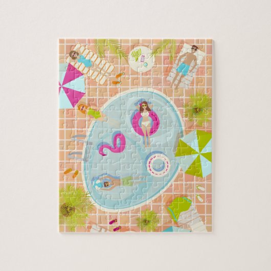 Bikini meisjes en jongens spelen zwembad spel legpuzzel (Verticaal)