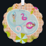 Bikini meisjes en jongens spelen zwembad spel ornament kaart<br><div class="desc">Zomer vakantie resort illustratie met vrolijke mannen en vrouwen plezier rond het zwembad</div>