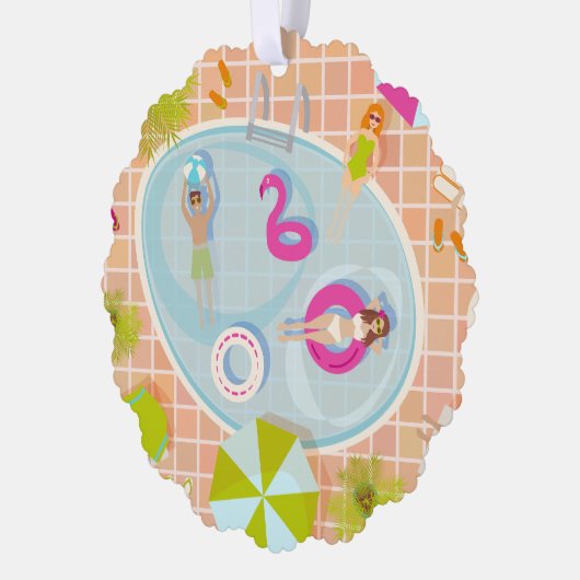 Bikini meisjes en jongens spelen zwembad spel ornament kaart (Links)