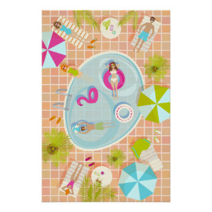 Bikini meisjes en jongens spelen zwembad spel perfect poster