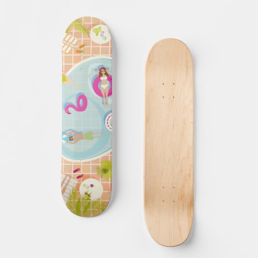 Bikini meisjes en jongens spelen zwembad spel persoonlijk skateboard (Voorkant)