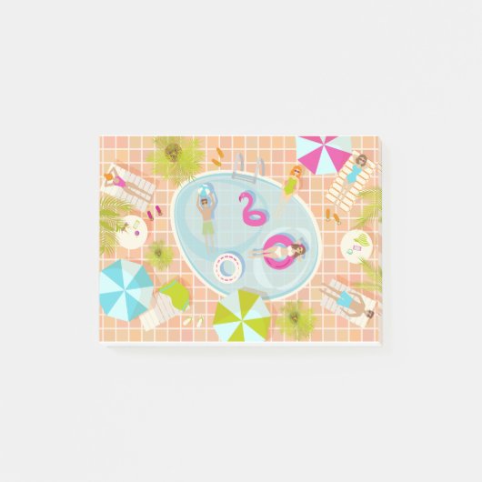 Bikini meisjes en jongens spelen zwembad spel post-it® notes (Voorkant)