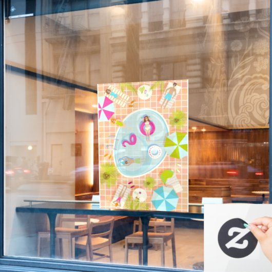 Bikini meisjes en jongens spelen zwembad spel raamsticker (Cafe Raam)