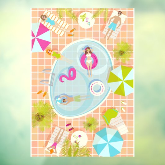 Bikini meisjes en jongens spelen zwembad spel raamsticker (Vel 3)