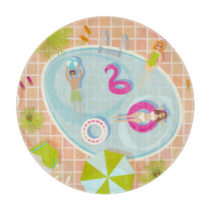 Bikini meisjes en jongens spelen zwembad spel snijplank