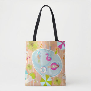 Bikini meisjes en jongens spelen zwembad spel tote bag