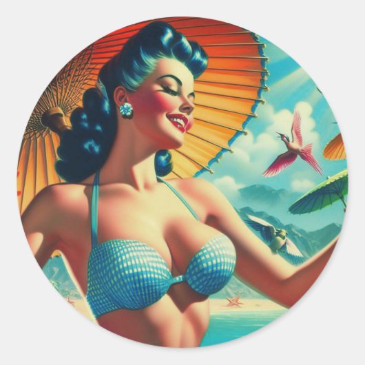 Bikini Pin-up Ronde Sticker (Voorkant)
