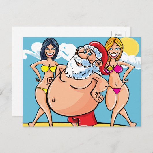 bikini strand santa claus feestdagenkaart (Voorkant / Achterkant)