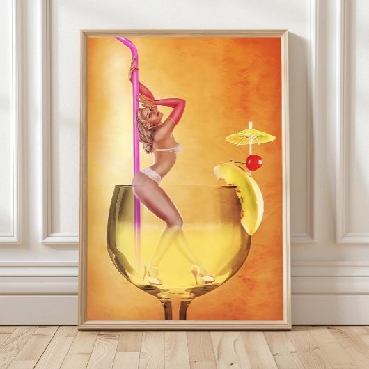 Bikini Woman Inside Cocktail Glass Wall Art, Retro Poster